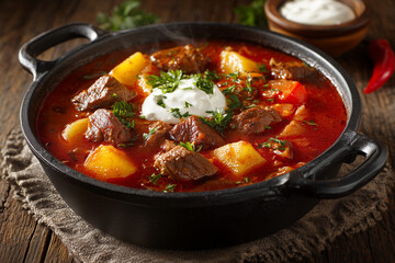 Hearty beef stew with potatoes and vegetables in black pot  