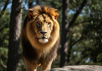 Fototapeta premium A close-up of a majestic lion. World Lion Day. A lion in the wild against a jungle backdrop. The king of the jungle.