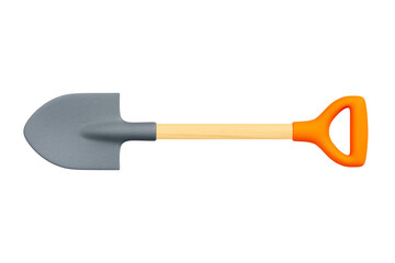 Minimal 3D garden shovel with gray blade, wood handle, and orange grip on white background