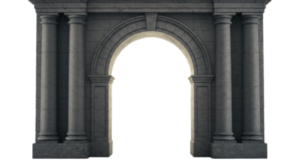 Imposing rough-hewn granite archway with robust pillars, minimalist background, bright blurred future vista beyond with warm light, concept of new beginnings