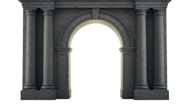 Imposing rough-hewn granite archway with robust pillars, minimalist background, bright blurred future vista beyond with warm light, concept of new beginnings