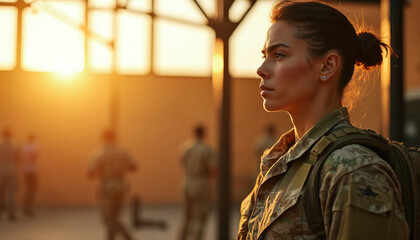 Young soldier in camouflage uniform stands in bright gym environment. Intense focus, determination, discipline define presence. Sunlight illuminates scene, accentuating strength, effort in physical