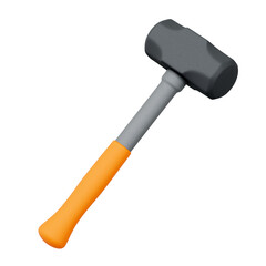 3D render of a gray metal sledgehammer with an orange handle placed diagonally on white background. Construction and repair tool concept in minimal style