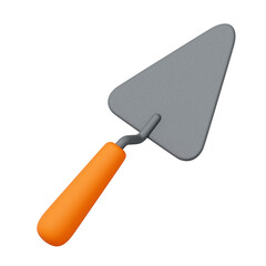 Realistic 3D illustration of a masonry trowel with triangular gray blade and bright orange handle, isolated on white