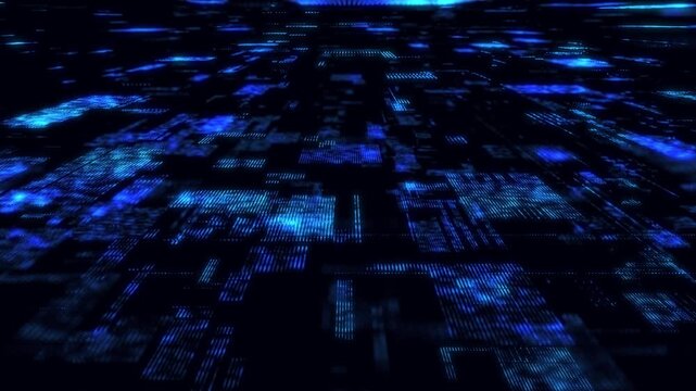 Abstract digital background. Blue matrix cyberspace with moving data. Technology cyber security futuristic space. Concept hacking, sorting and analysis big data. Binary code dots flow. 3d rendering.