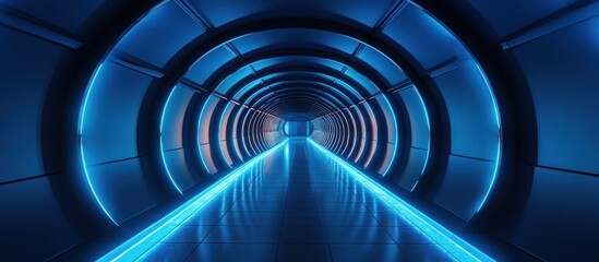 intricate, detailed, futuristic tunnel, glowing blue lights, symmetrical patterns, vanishing point, sleek, industrial, high-tech, science fiction, cinematic, ethereal
