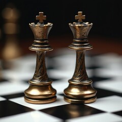 Fototapeta premium Two ornate bronze chess queens stand on classic checkered board. Intricate metal craftsmanship detail on elegant pieces. Perfect for illustrating strategy, intellectual challenge, artistry of game.