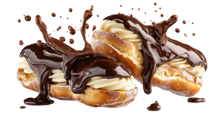 Delectable chocolate cream puffs with cascading chocolate syrup