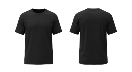 Two meticulously flattened black oversized t-shirts, front and back views, side-by-side on a seamless transparent background with ample negative space, concept for apparel product mockup