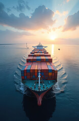 Cargo ship laden with colorful shipping containers moves through calm sea at sunrise. Aerial view shows immense immensity of global trade, logistics, international market connectivity. Blank sky