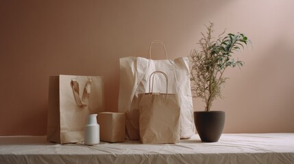 Eco friendly packaging with paper bags and plants for sustainable branding and organic product photography concept scene