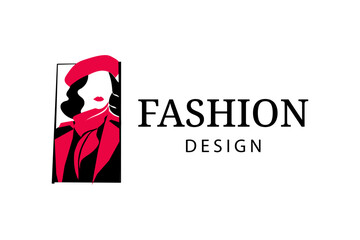 fashion logo with woman figure wearing dress and hat design template illustration