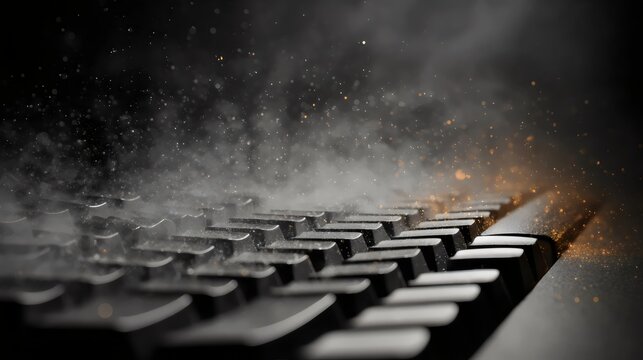 A close-up of a black keyboard covered in dust and particles, creating a moody and abstract atmosphere.