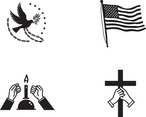 Symbolic icons of freedom, patriotism, remembrance, and faith