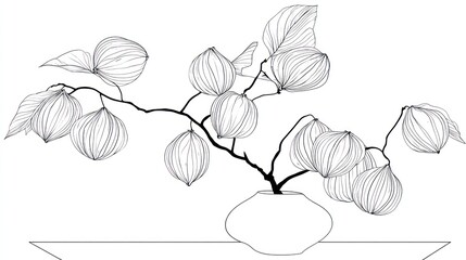 Black-line drawing of a stylized plant in a vase