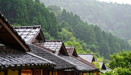 Rain-soaked Japanese Roofs with Lush Green Mountains in the Background