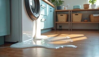 Washing machine leak causes water damage on wooden floor. Appliance failure creates messy puddle, wet household interior. Need for urgent repair service to fix broken plumbing, prevent further flood.