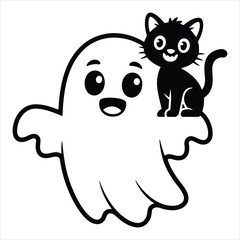 Cute Ghost Holding Black Cat Halloween Vector Illustration