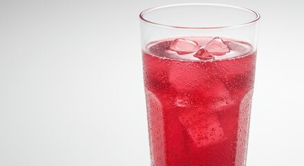 Refreshing Red Soda: Bubbles, Ice, and a Clean White Background