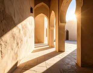 Sunlit Beige Arches Corridor In Ancient Arabian Fortress