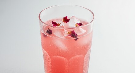 Refreshing Rose Cocktail: Iced Pink Drink with Delicate Rose Petals on White Background