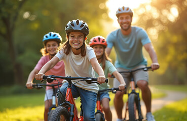 Joyful family, mom, dad, two children, ride bicycles in park during summer. Wear helmets, smile, embracing active lifestyle, family bonding. Trees, green grass surround on sunny day, creating warm