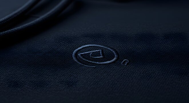 Minimalist tone-on-tone embroidered logo mockup on a dark navy blue fabric texture