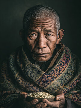 Intimate portrait of an elder during Mim Kut Festival in Nagaland, face weathered with age and wisdom, holding a handful of mim grains for ancestral offering