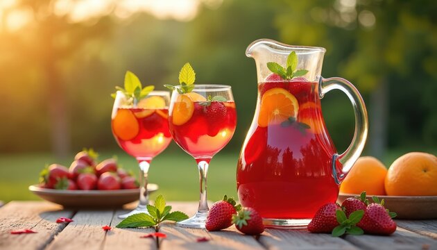 Photorealistic red sangria pitcher with garnished wine glasses, colorful fruit slices, fresh mint on outdoor picnic table under golden hour sunlight. Cheerful lively atmosphere. - Powered by Adobe