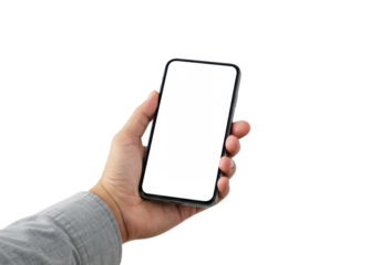 Gender-neutral hand gently holding sleek modern smartphone with blank white screen and dynamic island cutout, isolated on seamless transparent background, Concept of technological innovation and