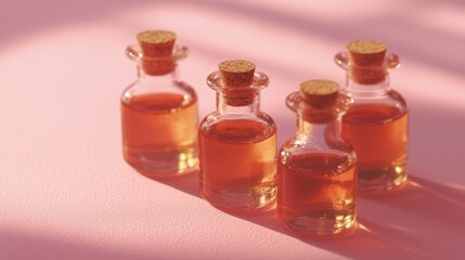 Amber glass serum bottles on pink background with reflection for skincare wellness product branding cosmetic photography flatlay