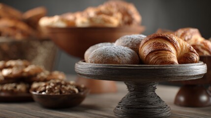 Baked croissants and bread on cake stand for bakery food product advertising breakfast display photography composition