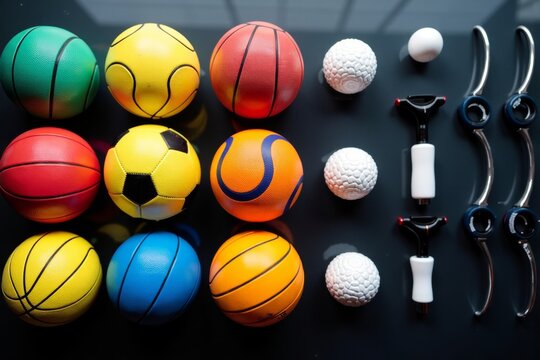 Aerial View of Colorful Sports Balls and Equipment in Creative Layout on Black Glass Surface