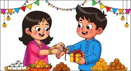 Cartoon sister tying rakhi on her brother's wrist