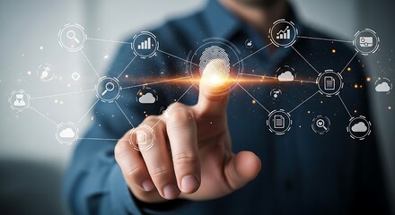 Digital Identity: A fingerprint scan connected to a network of documents and cloud icons