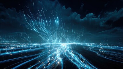 Abstract glowing blue lines and light streaks across a dark expanse