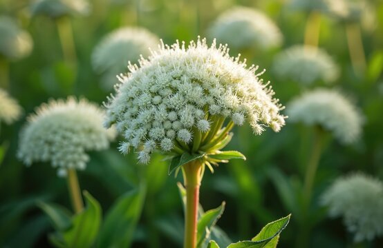 Giant hogweed plant with large white blooming umbels in a field during summer. Invasive wild plant known for toxic causing skin burns. Green leaves and stem visible with soft focus background.