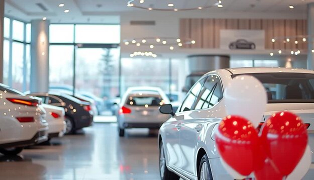 Car dealership showroom with white luxury car in foreground, cluster of red and white balloons on right side, blurred cars in background, modern automotive showroom interior