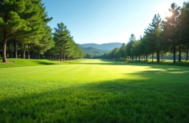 Obraz premium Expansive green golf course fairway on a bright sunny day, lined with tall pine trees and rolling hills. Perfect landscape for outdoor recreation, sports, and peaceful relaxation in nature.