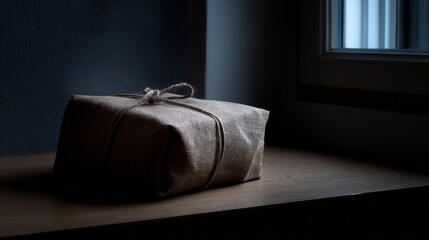 Wrapped brown package in soft window light on wooden table for shipping delivery product branding photography visual