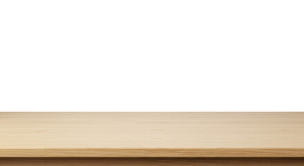Pristine, minimalist horizontal wooden table with visible grain texture, flawlessly illuminated by soft studio light, set against a transparent background with ample copy space, concept for product