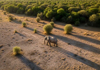 An elephant walking alone in a barren grassland, shot from above, with acacia trees in the background. Bright daylight, protected forest for elephants.