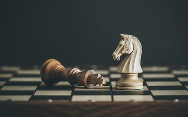 Strategic victory with chess knight standing over fallen king on game board in dramatic light