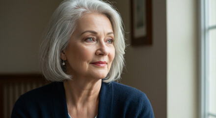 An attractive older woman with grey hair, wearing a dark blue cardigan, gazes intently at something.