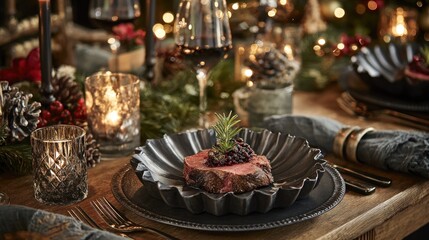 Fototapeta premium Festive dinner plate with carved roast, elegant setting