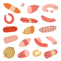 Raw sausages. Semi-finished products. Butchery menu design template for food market, ecommerce, products promotion. Vector illustration.