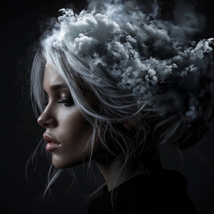 Surreal Fantasy Portrait of Cloud Goddess - Ethereal Woman with Smoke Hair - Dreamy Digital Art of Mystical Face - Modern Fantasy Illustration with Light Effects