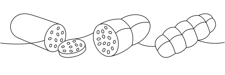 Sausage with slices, raw sausage, pork sausage one line continuous drawing. Butchery menu. Vector illustration.