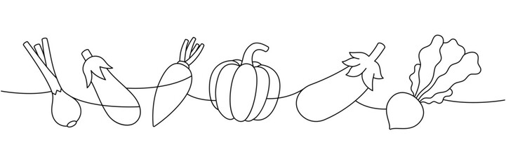 Onion, radish, fresh pumpkin, eggplant, turnip one line continuous drawing. Fresh organic vegetables. Vector illustration