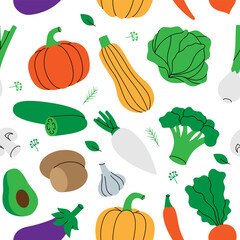 Vegetables pattern. Fresh raw vegetables. Healthy eating. Organic farm company design template. Vector illustration.
